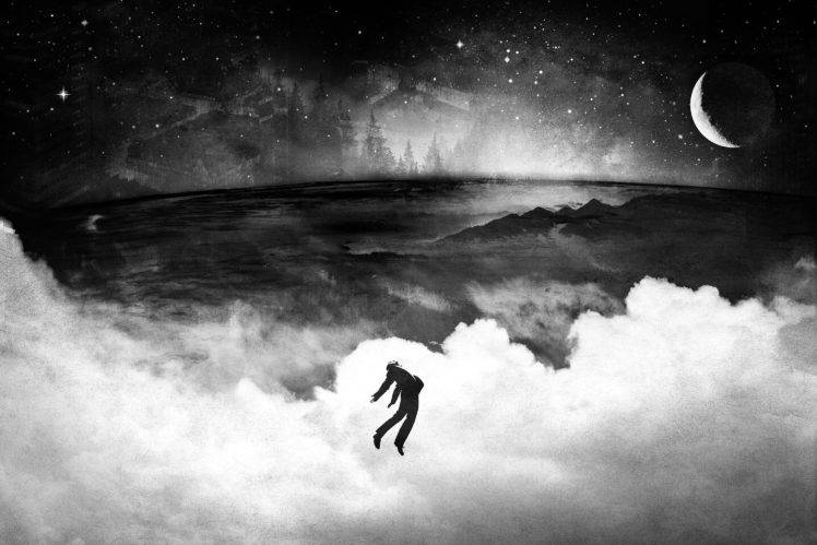 Alex Cherry, Grunge, Artwork, Moon, Monochrome, Clouds, Crescent moon HD Wallpaper Desktop Background