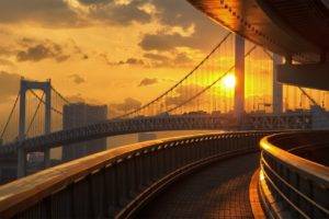 bridge, Sunset, Sun, Cityscape, Road, Japan, Tokyo