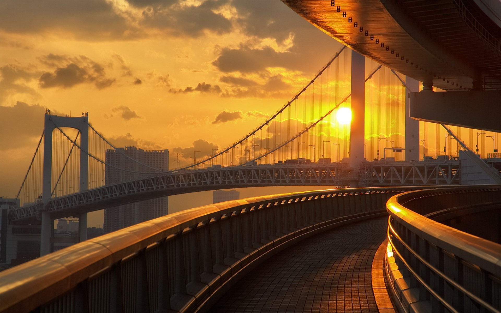 bridge, Sunset, Sun, Cityscape, Road, Japan, Tokyo ...