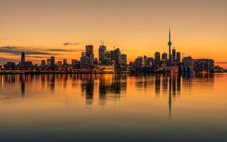 cityscape, Water, Toronto, Canada, Skyline, Reflection, Sunset HD Wallpaper Desktop Background