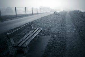 mist, Bench, Fence, Grass, Path, Road