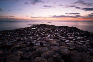 Ireland, Giants Causeway, Sunset, Sea, Rock formation, Coast, Clouds