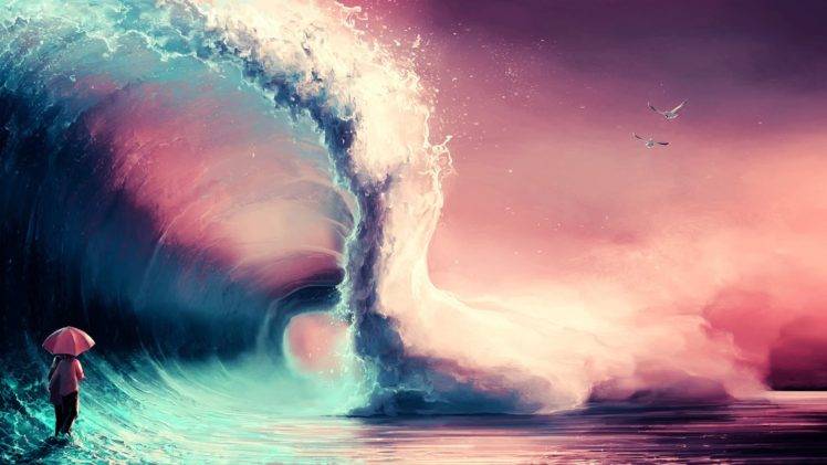 waves, Sea, Colorful, Umbrella, AquaSixio, Seagulls HD Wallpaper Desktop Background