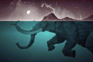 artwork, Moon, Elephants, Low poly, Water, Sea, Split view