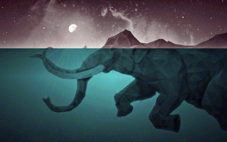 artwork, Moon, Elephants, Low poly, Water, Sea, Split view HD Wallpaper Desktop Background