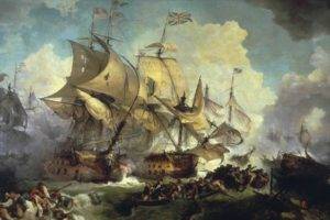 painting, Battle, Classic art, Ship, Boat, Clouds, British flag, Naval battles