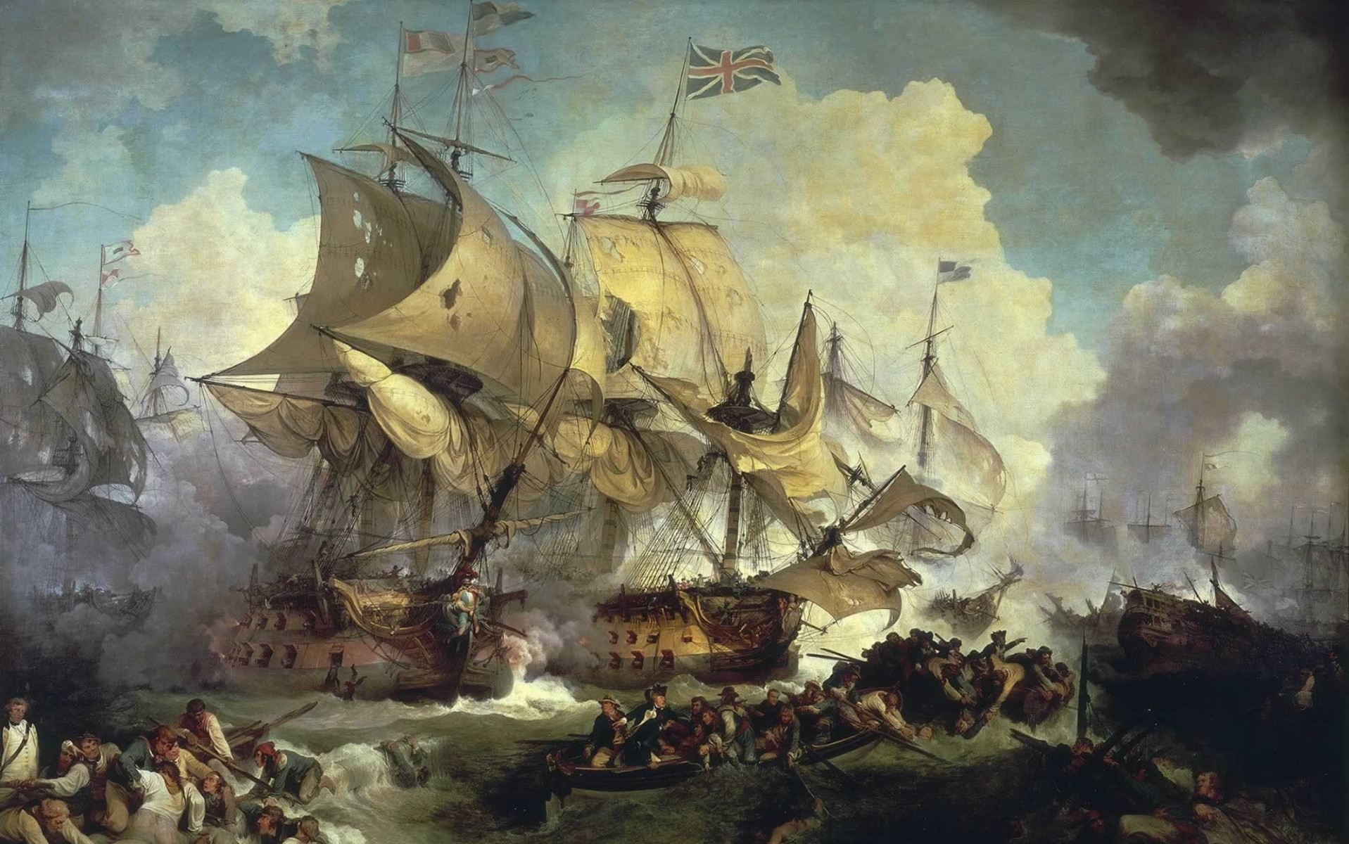 painting, Battle, Classic art, Ship, Boat, Clouds, British flag, Naval