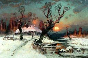 painting, Snow, Dead trees, Stream, Cottage, Sun, Winter, Classic art