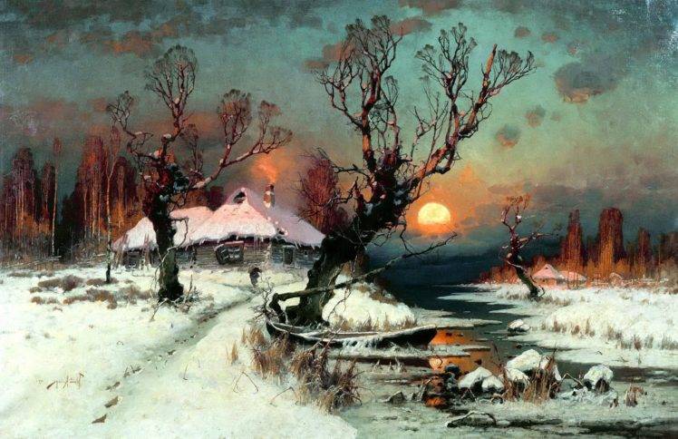 painting, Snow, Dead trees, Stream, Cottage, Sun, Winter, Classic art HD Wallpaper Desktop Background
