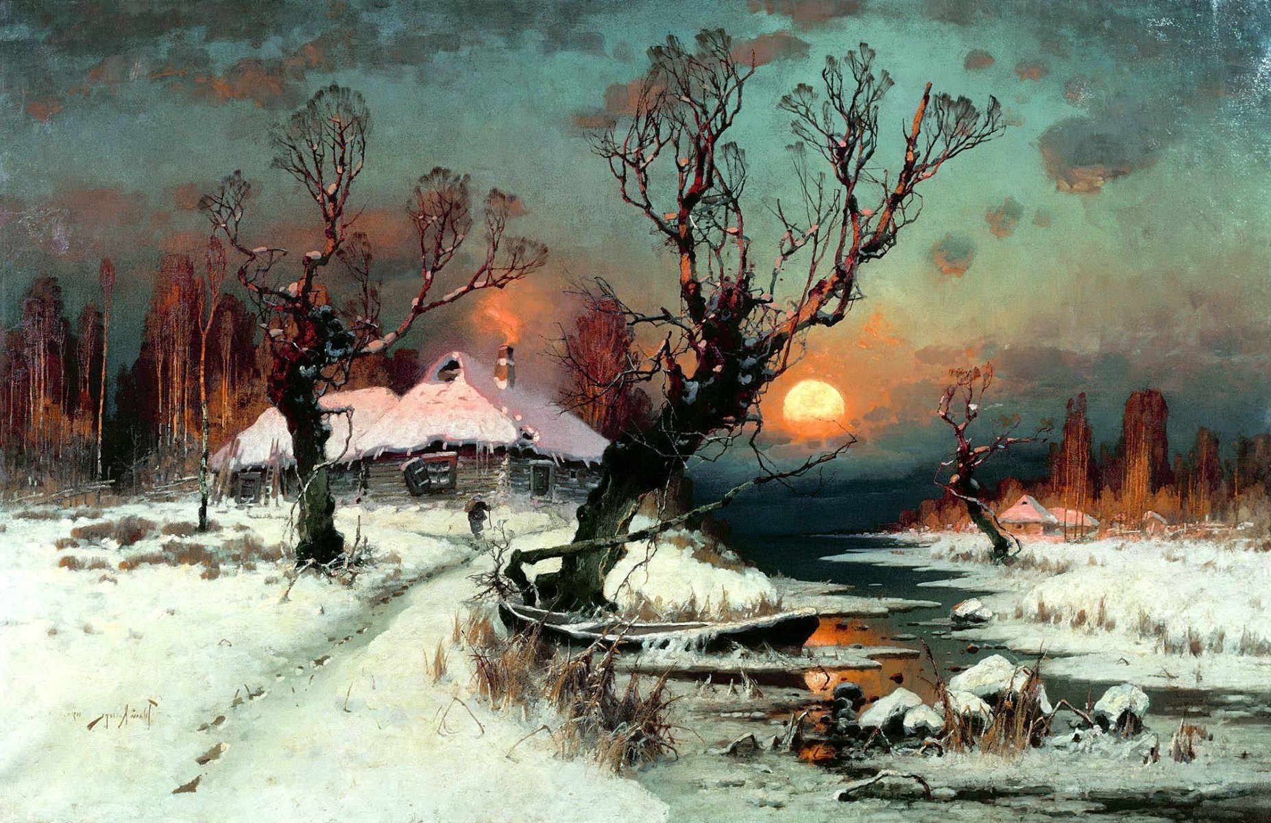 painting, Snow, Dead trees, Stream, Cottage, Sun, Winter, Classic art Wallpaper