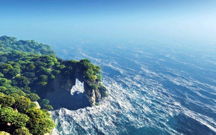 bay, Water, Waves, Sea, Rock, Cliff, Trees HD Wallpaper Desktop Background