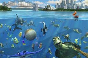 Finding Nemo, Fish, Turtle, Sea, Split view, Sydney Opera House