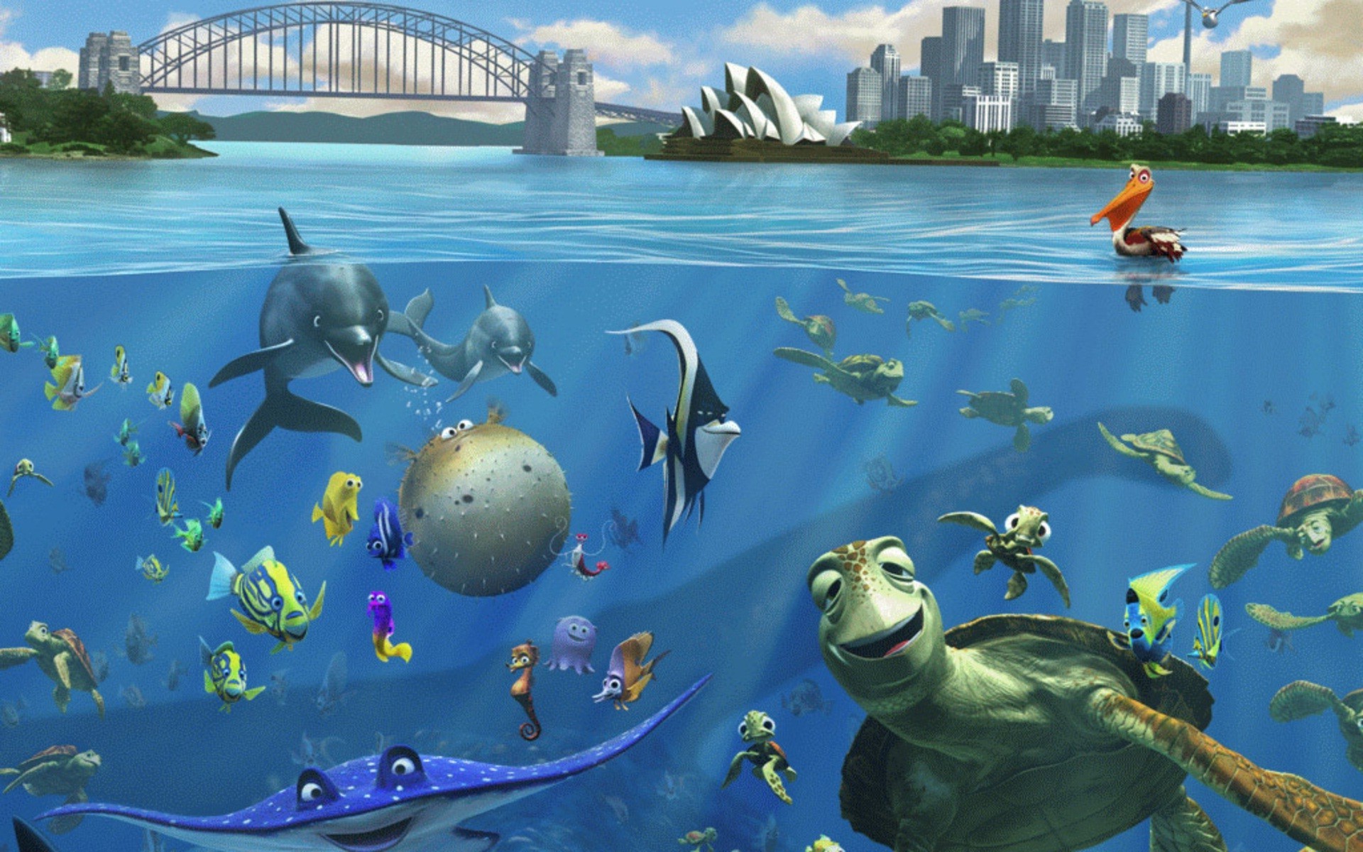 Finding Nemo, Fish, Turtle, Sea, Split view, Sydney Opera House Wallpaper