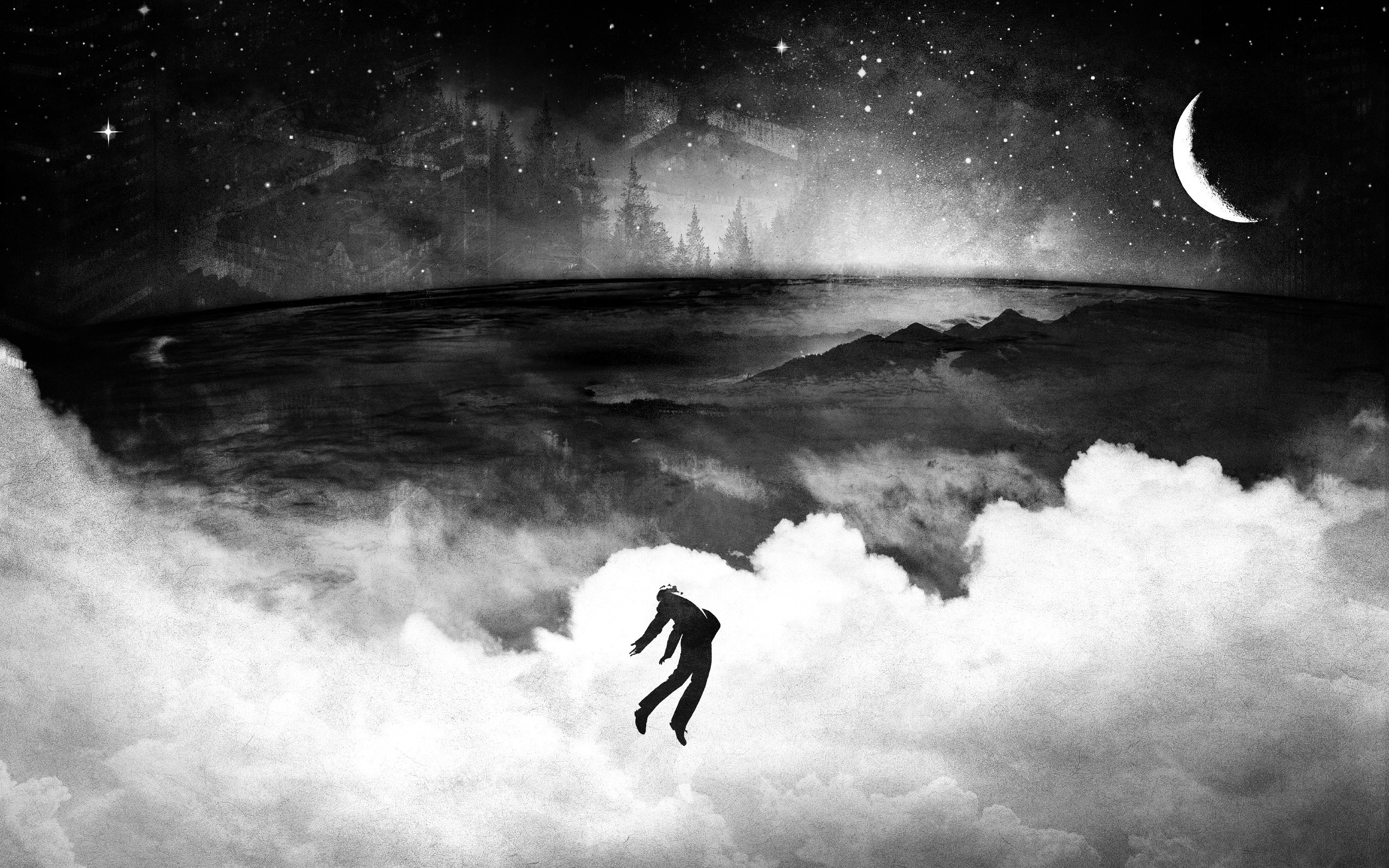 Alex Cherry, Grunge, Artwork, Moon, Monochrome, Clouds, Crescent moon Wallpaper