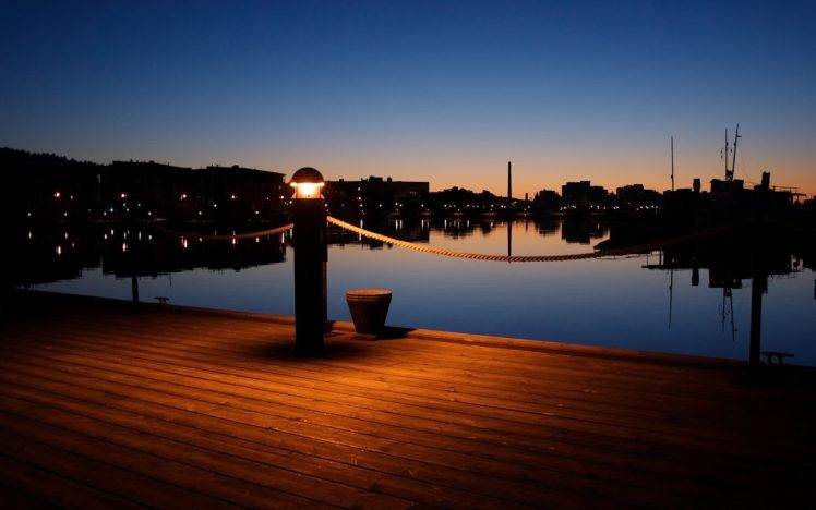 Finland, Silhouette, Pier, Sunset, Wood, Lights HD Wallpaper Desktop Background