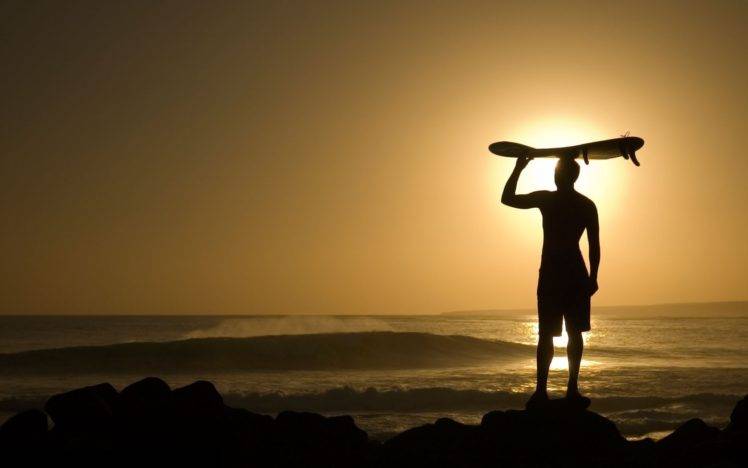 silhouette, Sunlight, Beach, Sea, Men, Surfers HD Wallpaper Desktop Background