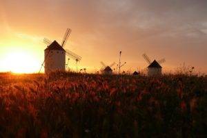 sunset, Windmills, Field
