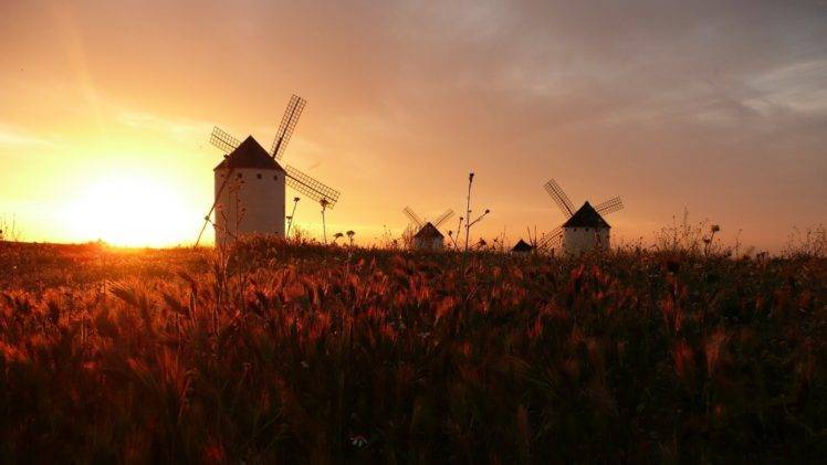 sunset, Windmills, Field HD Wallpaper Desktop Background