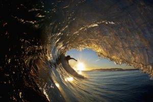 sunset, Surfers, Waves