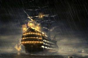 old ship, Ship, Artwork, Haryarti, Rain, Sea