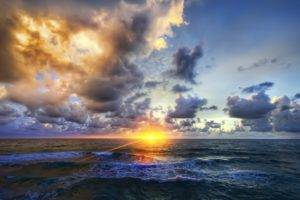 sunrise, Sea, Clouds