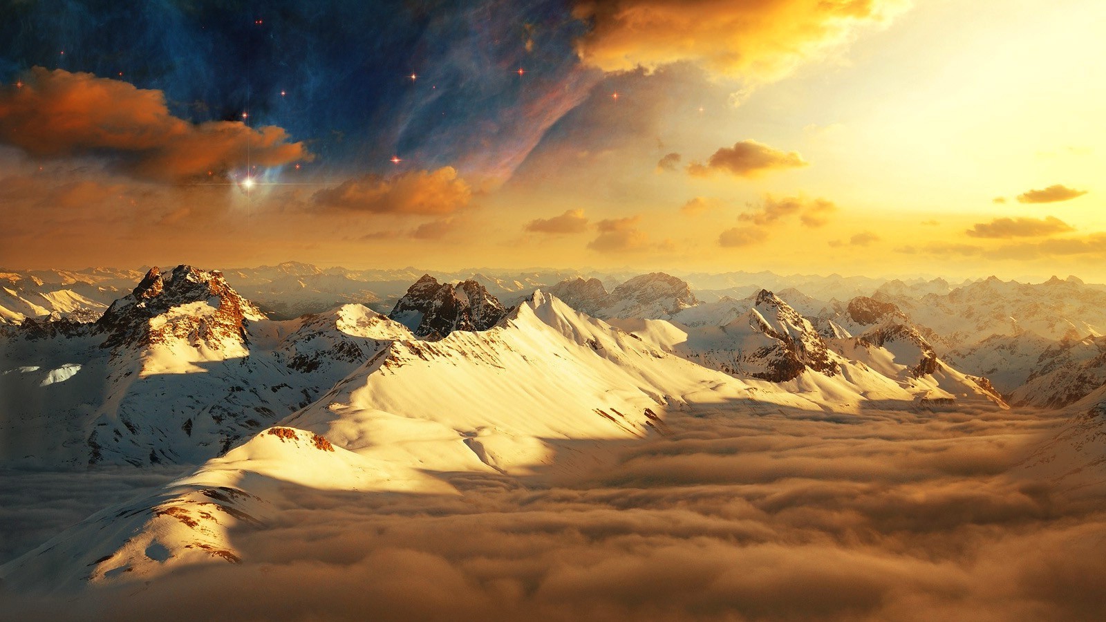 mountain, Clouds, Sunset, Stars Wallpaper
