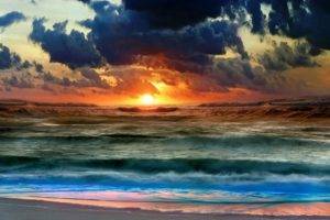 clouds, Sunset, Water, Sea, Waves, Beach