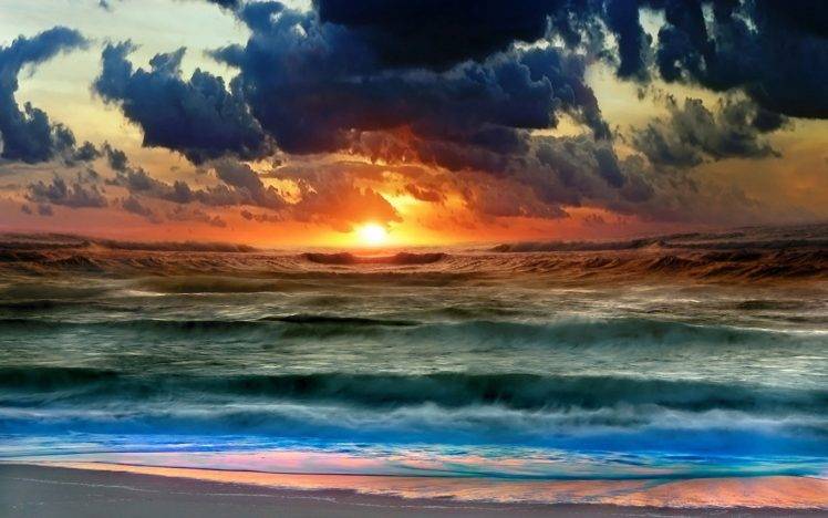 clouds, Sunset, Water, Sea, Waves, Beach HD Wallpaper Desktop Background