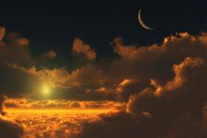 clouds, Moon, Sunset