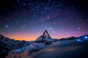 mountain, Sunset, Night, Stars, Snow