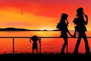 anime, Sunset, Silhouette, Holding hands