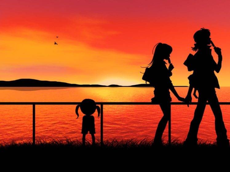 anime, Sunset, Silhouette, Holding hands HD Wallpaper Desktop Background