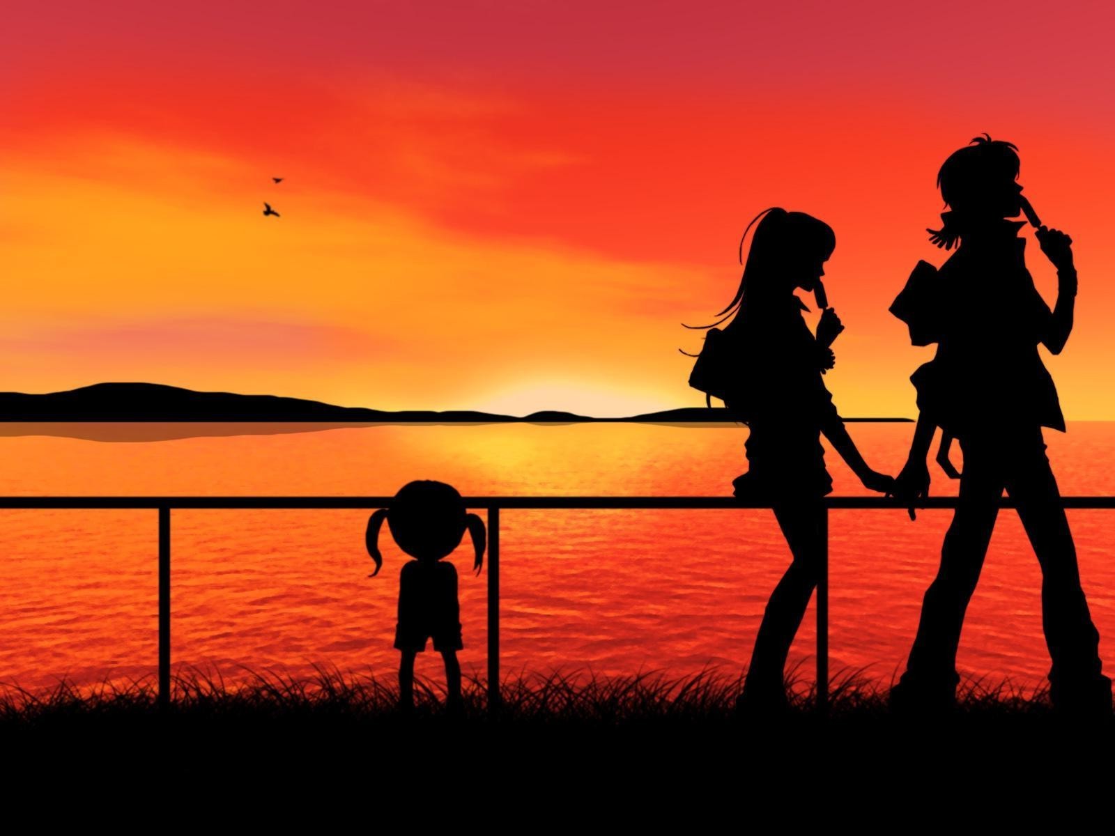 anime, Sunset, Silhouette, Holding hands Wallpaper