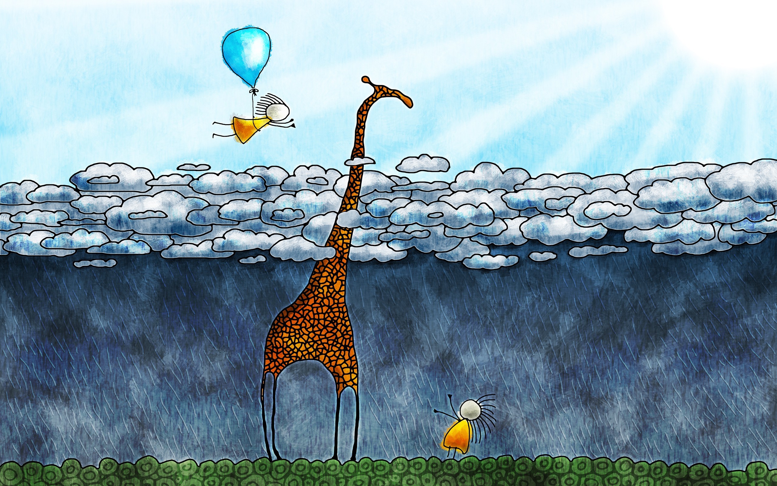 artwork, Anime, Vladstudio, Clouds, Balloons, Giraffes, Rain Wallpaper