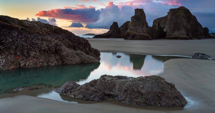 water, Reflection, Sunset, Clouds, Beach HD Wallpaper Desktop Background