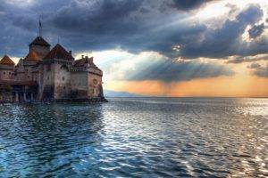 water, Sea, Clouds, Castle, Sunlight, Chillon