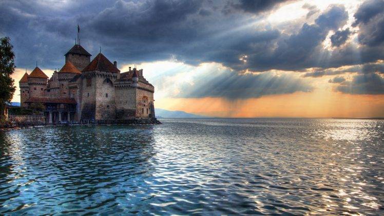 water, Sea, Clouds, Castle, Sunlight, Chillon HD Wallpaper Desktop Background