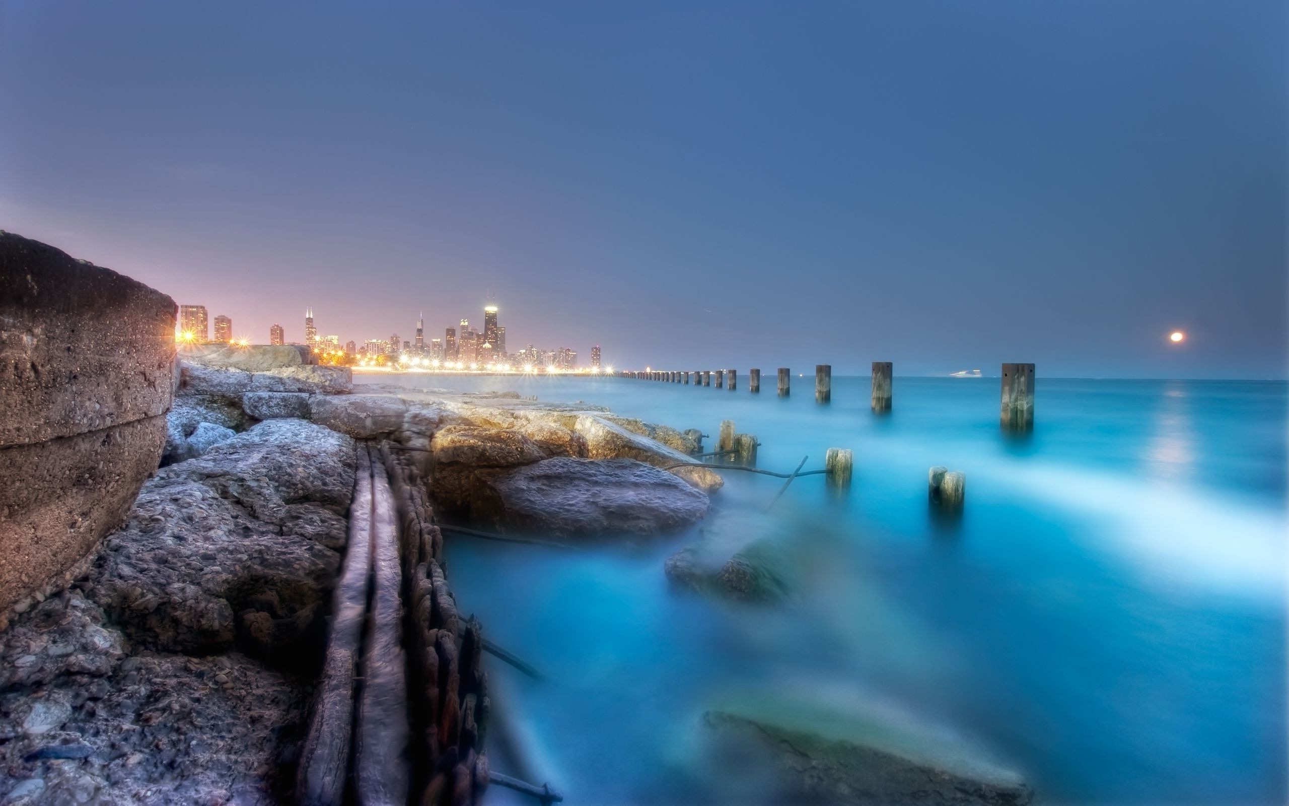 water, Sea, Mist, City, Coast, Night Wallpaper