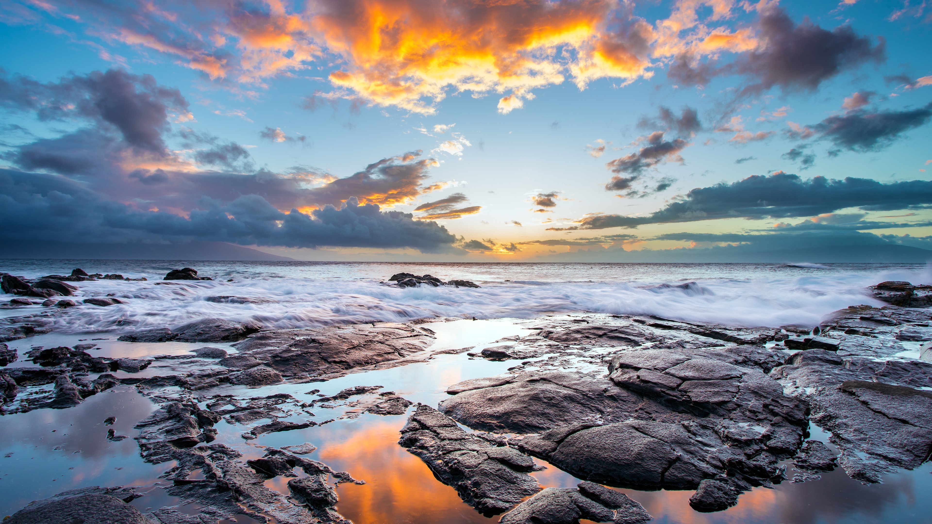 water, Sea, Sunset, Coast, Clouds, Waves, Stones Wallpaper