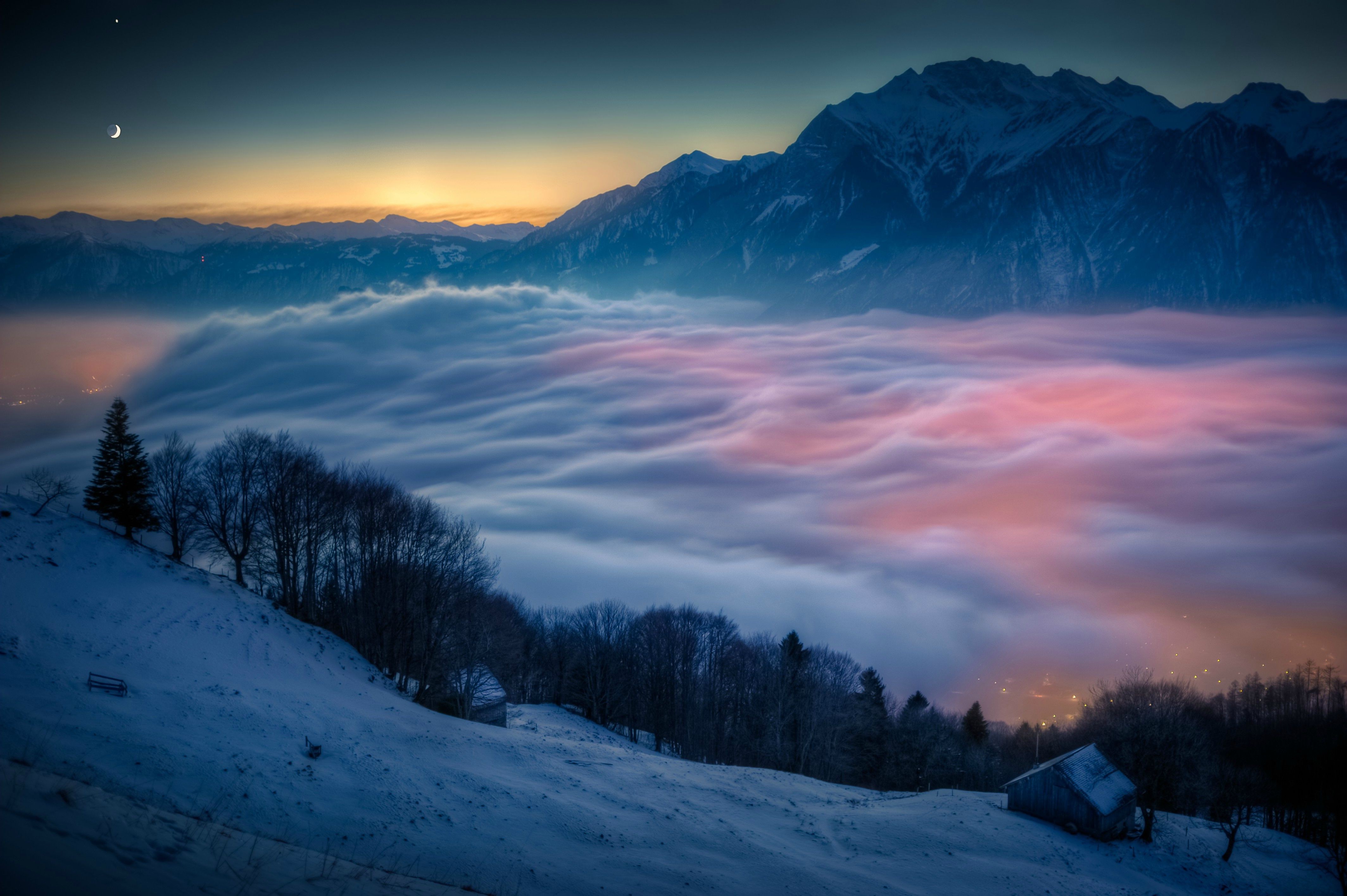 snow, Sunset, Mountain, Mist, City Wallpaper
