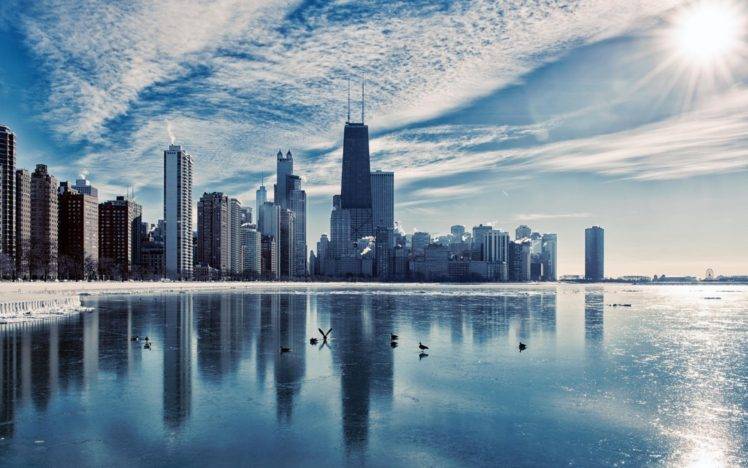 cityscape, Building, Sea, Snow, Chicago, Belmont Harbor HD Wallpaper Desktop Background