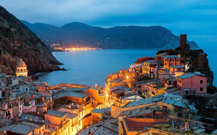 cityscape, Building, Sea, Lights, Italy, Vernazza, Cinque Terre HD Wallpaper Desktop Background