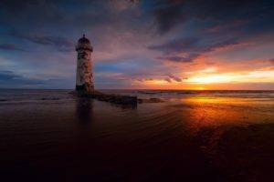 beach, Sunset, Sea, Lighthouse