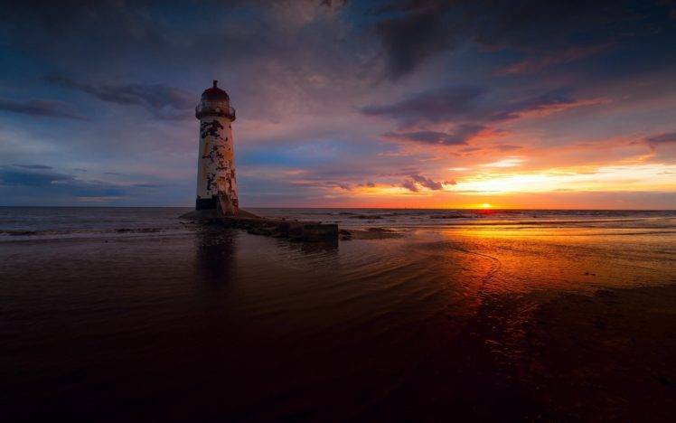 beach, Sunset, Sea, Lighthouse HD Wallpaper Desktop Background