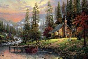 painting, Forest, Pier, Boat, Cottage, Trees, Stream, Stones, Chair, Chimneys