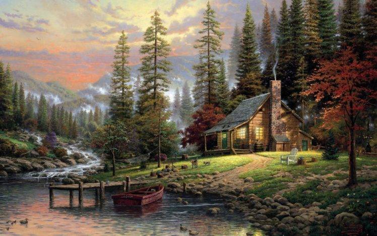 painting, Forest, Pier, Boat, Cottage, Trees, Stream, Stones, Chair, Chimneys HD Wallpaper Desktop Background