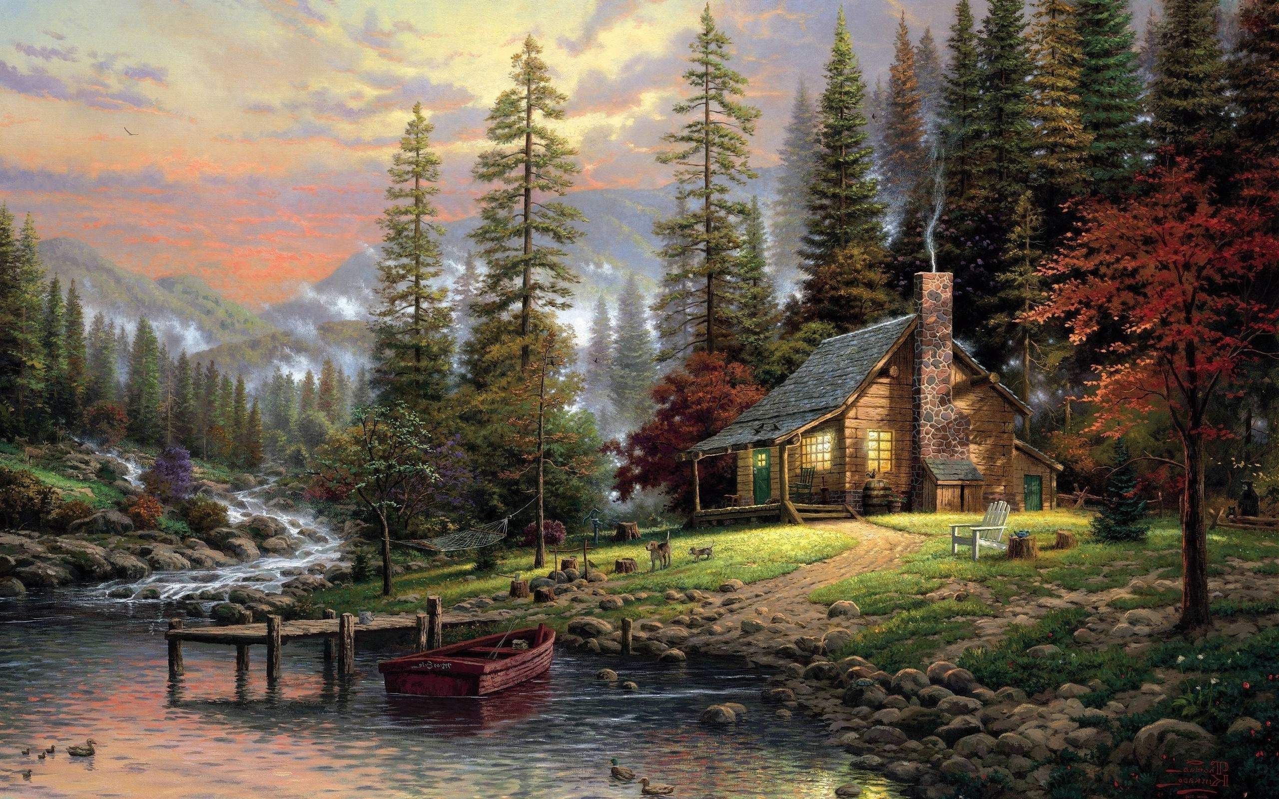 painting, Forest, Pier, Boat, Cottage, Trees, Stream, Stones, Chair, Chimneys Wallpaper