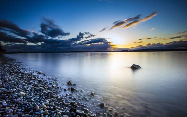 sunset, Pebbles, Clouds, Rock, Seattle, Beach, Washington state, Water HD Wallpaper Desktop Background