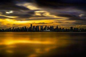 cityscape, Horizon, Sunset, Gold, Vancouver, Canada, Clouds