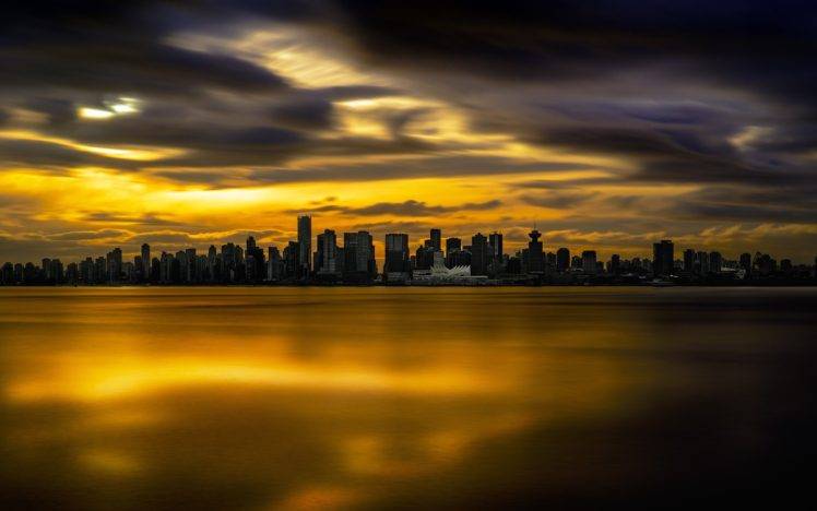 cityscape, Horizon, Sunset, Gold, Vancouver, Canada, Clouds HD Wallpaper Desktop Background